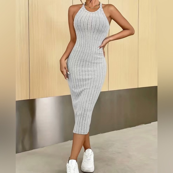 🔥SEXY Grey Ribbed Sleeveless Bodycon Midi Dress Sz M 6 - Picture 4 of 4
